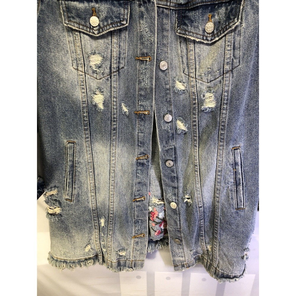 Mustard Seed distress Embroidered Denim Jean Jacket w Facts Saying Sz Medium - Picture 6 of 10